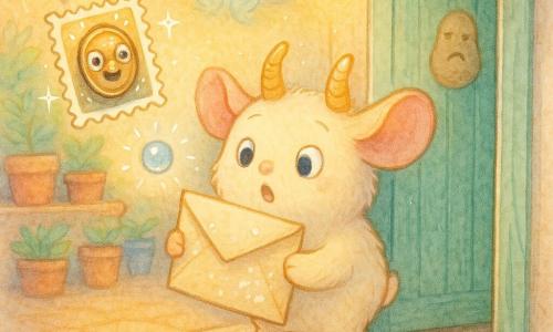 Brum es una pequeña criatura doméstica de peluche crema con dos cuernos miel flexibles, grandes orejas rosadas y expresión asombrada; sostiene un sobre beige manchado de harina del que sale una pequeña canica brillante. El timbre es un objeto vivo: un pequeño disco de bronce con grandes ojos y sonrisa que canta y flota junto al marco. Una nube diminuta y sonriente, de forma esponjosa azul pálido, aplaude sobre una jardinera con macetas. La puerta es de madera pintada verde menta con una pegatina en forma de patata seria en el marco; el peldaño está cubierto de migas y hojas. La calle es una estrecha galería adoquinada con macetas coloridas y farolas que emiten halos cálidos en una luz dorada matinal. Escena principal: Brum abre la puerta sorprendido, el sobre se agita y la canica chispea en el aire mientras el timbre canta y la nube aplaude, escena animada y caprichosa.