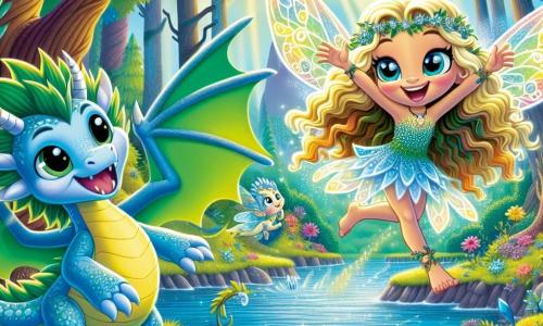 Un dragon drăguț și jucăuș numit Fulg, cu blană strălucitoare albastră și verde, cu aripi împodobite cu cristale sclipitoare, stă pe marginea unui lac magic, cu ochii strălucind de entuziasm și un zâmbet larg pe față. Lângă el, o zână a vântului numită Aurelia, cu părul lung ondulat de aur și o rochie făcută din raze de soare, zboară veselă, cu brațele deschise, împărtășind bucuria aventurii. Decorul este o pădure fermecată, plină de copaci cu trunchiuri răsucite și flori colorate care par să danseze în ritmul vântului, în timp ce razele de soare străbat frunzișul, creând o atmosferă feerică. Situația principală îi arată pe Fulg și Aurelia, pregătiți să exploreze lacul visurilor, unde cristale magice strălucesc la suprafața apei, simbolizând aventura și prietenia care îi așteaptă.
