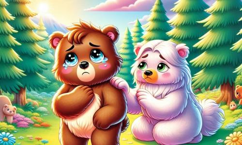 Un orso bruno dagli occhi tristi e brillanti, con un pelo morbido e arruffato, si trova al centro di un prato soleggiato, con le zampe anteriori appoggiate sul cuore, guardando il cielo con malinconia. Vicino a lui, una mamma orso dal pelo setoso, con un'espressione dolce e confortante, lo osserva con amore, accarezzandogli la schiena per offrirgli sostegno. Il prato è circondato da alberi maestosi con foglie verdi brillanti, e fiori colorati punteggiano il terreno, creando un'atmosfera pacifica e serena. L'orso bruno si sente smarrito e triste, cercando risposte sull'assenza del suo amico, mentre la mamma orso gli offre una presenza calda e rassicurante in questo momento difficile.