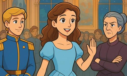Cenicienta, una joven de unos 16 años, con cabello castaño ondulado, lleva un vestido sencillo pero elegante de color azul celeste que flota suavemente a su alrededor. Su rostro expresa una determinación suave, con ojos brillantes y llenos de esperanza. Se encuentra en el centro de la escena, levantando una mano para dirigirse a la multitud con una sonrisa alentadora. A su derecha, el príncipe, un joven de unos 18 años con cabello rubio dorado, viste un uniforme real azul y oro. La mira con admiración, sonriendo levemente, listo para escucharla. A su izquierda, una anciana, la madrastra de Cenicienta, con cabello gris recogido y un rostro severo, cruza los brazos, mostrando una expresión de descontento. La escena tiene lugar en un gran salón de baile adornado con candelabros brillantes y cortinas doradas. Las paredes están decoradas con frescos de escenas naturales y grandes ventanas dejan entrar la luz de la luna, creando una atmósfera mágica. Cenicienta se dirige a la corte, proponiendo una nueva idea de paz e inclusión, mientras los nobles y ciudadanos se reúnen a su alrededor, cautivados por sus palabras. La atmósfera está cargada de esperanza y tensión, mientras todos esperan ver si esta propuesta cambiará su reino.