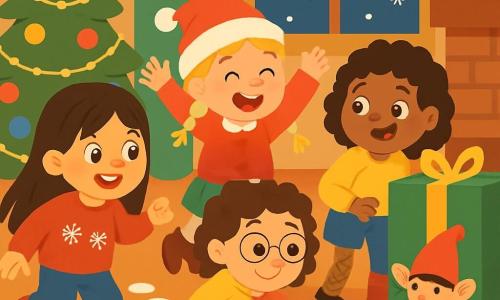 Hay 4 niños: - Marina: una niña de 7 años, con cabello largo castaño y ojos brillantes. Lleva un suéter rojo con copos de nieve y sonríe alegremente. - Lucía: una niña de 6 años, con trenzas rubias y un gorro de Navidad. Está riendo, con los brazos en alto, llena de energía. - Sofía: una niña de 8 años, con cabello rizado y una sonrisa traviesa. Tiene una pierna de madera decorada con purpurina y mira a su alrededor con curiosidad. - Alba: una niña de 7 años, con cabello castaño y gafas redondas. Se esconde detrás de un gran regalo, pero sus ojos brillan de emoción. El lugar es una acogedora sala de estar decorada para Navidad, con un gran árbol iluminado con guirnaldas brillantes y bolas de colores. Hay regalos esparcidos alrededor del árbol, y copos de nieve caen suavemente afuera a través de la ventana. La situación principal muestra a los niños riendo y corriendo tras un duende travieso que ha dejado huellas de azúcar en el suelo. Están siguiendo las huellas, maravillados y divertidos, mientras el duende, con su pequeño sombrero rojo, se esconde detrás de un regalo, listo para hacer una nueva broma.