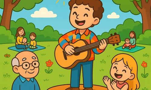 Ein lächelnder Mann, Luka, steht auf einer kleinen Holzbühne in einem sonnigen Park. Er hat lockige braune Haare und trägt ein buntes kariertes Hemd. Seine Augen strahlen vor Freude, während er Gitarre spielt. Neben ihm applaudiert ein etwa 6-jähriges Mädchen mit blonden Haaren und einem rosa Kleid begeistert. Ein älterer Mann sitzt auf einer Decke in der Nähe, hört aufmerksam zu und hat ein zufriedenes Gesicht. Der Park ist grün mit majestätischen Bäumen, bunten Blumen und Familien auf Decken. Der Himmel ist blau mit einigen flauschigen weißen Wolken. Luka singt fröhlich und lädt die Kinder ein, im Takt zu applaudieren, was eine festliche und warme Atmosphäre schafft. Die Sonnenstrahlen erhellen die Bühne und verleihen diesem musikalischen Moment einen magischen Touch.