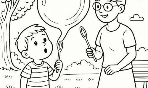 A delighted 4-year-old boy with short brown hair, bright round eyes, chubby cheeks, a striped t-shirt and shorts blows a giant translucent bubble with a large wand while his smiling mother (about 30) with hair in a bun and thin glasses stands beside him holding a second wand in a sunny park with textured grass, a large leafy tree to the left, a wooden bench and light clouds; the nearly bicycle-sized bubble reflects sparkling lines and floats above them in a magical moment as it grows without popping, shown with fine lines, clean contours and soft, toddler-friendly details.