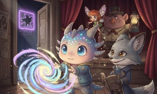 Milo, a small dragon‑like being with a round face, bright blue eyes and iridescent rainbow scales, determined but gentle, wearing a small jacket, reaches toward a glowing pastel vortex at the center; a red‑haired fairy with stained‑glass wings perches on his shoulder sprinkling golden glitter, Reynard, a silver fox in an elegant coat, stands to the right holding a rolled old newspaper and smiling proudly, and a warm, round troll in a bowler hat stands behind with an oil lamp ready to help; setting: an abandoned old theatre with a torn red velvet curtain, creaking wooden floor, faded posters and a flickering marquee seen through a slightly open door, moonbeams piercing the dust; scene: Milo closing a swirling pastel (blue, purple, pink) magical rift with sparks and filaments of light, safe and wondrous mood, strong contrasts between red velvet, dark wood and the vortex’s soft glow; visual style: chibi kawaii, rounded features, saturated textured colors, soft lighting, warm, fairy‑tale atmosphere, composition centered on Milo and the vortex.