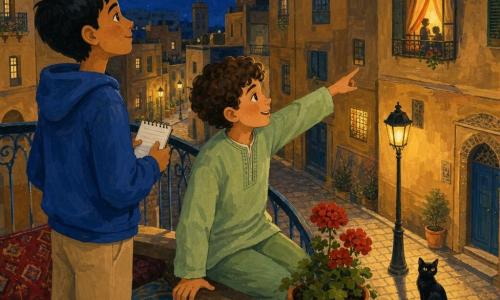 Ci sono tre soggetti: Samir, 12 anni, pelle olivastra, capelli corti neri, felpa blu e pantaloni beige, in piedi sul balcone a sinistra con un piccolo taccuino bianco a guardare la luna; Adam, 12 anni, carnagione chiara, capelli castani ricci, abbigliamento verde chiaro, seduto sul bordo del balcone a destra che sorride e indica una finestra illuminata; un gatto nero dal pelo lucido e occhi gialli seduto sotto un lampione nella strada sottostante con l'ombra che si allunga sul marciapiede. Luogo: balcone di un palazzo in città di notte con ringhiera metallica verniciata, cuscini colorati e un vaso di geranio rosso; sullo sfondo una strada lastricata, lampioni gialli, finestre calde con tende, facciate ocra e un cielo blu scuro con una sottile luna argentata. Situazione: i due ragazzi tranquilli sul balcone osservano la luna e le luci del quartiere durante il Ramadan, atmosfera dolce e pacifica, contrasto tra la luce calda delle finestre e la luna fredda, tratto pittorico con texture di tessuto e riflessi morbidi sul metallo.