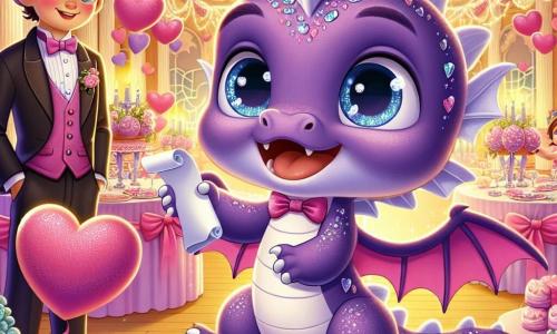 Un mic dragon violet numit Lino, cu ochi mari și strălucitori și solzi sclipitori, zboară peste o sală de bal decorată cu inimi și ghirlande colorate, având o expresie de excitație și curiozitate. Ține în labe o scrisoare înfășurată, pregătit să o înmâneze. Aproape de el, Roy, un tânăr cu părul brunet și ochi strălucitori, poartă un costum elegant și o admiră pe Mia, o fată cu părul lung și ondulat, îmbrăcată într-o rochie roz frumoasă. Roy zâmbește, în timp ce Mia, emoționată, îi întinde mâna, nerăbdătoare să descopere conținutul scrisorii. Scena are loc într-o sală de bal feerică, împodobită cu baloane în formă de inimă, lumini strălucitoare și mese pline de dulciuri, creând o atmosferă caldă și romantică. Lino, dragonul, zboară peste sală, pregătit să joace rolul de mesager, în timp ce Roy și Mia se pregătesc să schimbe vorbe dulci, înconjurați de atmosfera festivă a zilei îndrăgostiților.