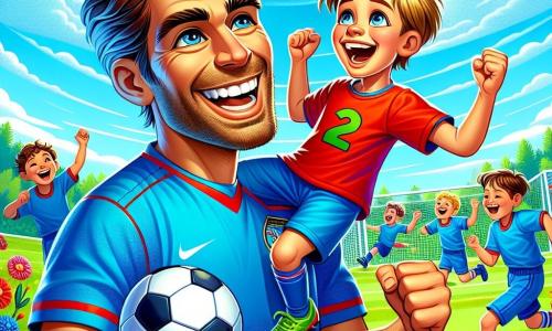 Um homem sorridente, com cabelos castanhos bagunçados e uma camisa de futebol azul vibrante, está celebrando um gol. Ele levanta os braços, com os olhos brilhando de alegria e um grande sorriso no rosto. Ao seu lado, um menino de 8 anos, com cabelos loiros e uma camiseta vermelha, pula de felicidade levantando os punhos. Ele está ao lado do homem, olhando a bola que acabou de cruzar a linha do gol. O cenário se passa em um campo de futebol verde, cercado por flores coloridas e um céu azul radiante, com algumas nuvens brancas fofas. Crianças brincam ao redor, correndo e rindo, adicionando uma atmosfera alegre à cena. A situação principal mostra o homem e o menino celebrando juntos após um lindo gol, cercados de risos e entusiasmo, ilustrando a magia do futebol e a amizade que se forma em campo.
