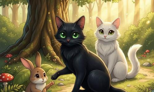 Een zwarte kat Felix, nieuwsgierig en geruststellend, met zijdeglanzende vacht en grote smaragdgroene ogen, hurkend en zachtjes een poot uitstrekkend naar een klein bruin konijntje Nibbles met bange maar opgeluchte ronde ogen en hangende oren, verscholen onder een blad bij een struik en vol dankbaarheid kijkend; een witte poes Bella, zacht en bemoedigend, met donzige vacht, achter Felix zittend met gekanteld hoofd en amandelvormige glimlachende ogen. Op de achtergrond een oude eik met gedraaide wortels links, zonnestralen door felgroen loof, zachte mosjes en rode paddenstoelen met witte stippen op de grond, een lichtkleurig pad tussen varens, vochtige steentjes en een fonkelend beekje dat gouden licht weerkaatst. Sfeer: betoverd bos, verzadigde kleuren, warme magische ambiance van ontdekking en vriendschap; compositie: close-up van de personages in het midden, eik iets naar links, tegenlicht met halo’s rond de silhouetten; visuele stijl: zachte manga-lijnen, expressieve ogen, verzorgde texturen voor vacht en mos, warme palette met smaragdgroen, rijke bruintinten en roodaccenten.