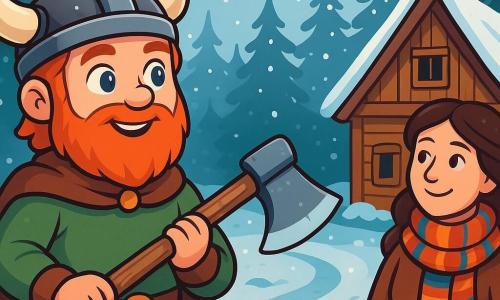Un bărbat viking numit Sven, cu o barbă roșcată și ochi curioși, stă la marginea unei păduri acoperite de zăpadă, ținând o secure din lemn sculptat. Expresia lui este hotărâtă și veselă, în timp ce privește spre orizont, pregătit pentru aventură. Aproape de el, mama sa, o femeie de vârstă mijlocie cu părul lung și brun, înfășurată într-o eșarfă colorată, îl observă cu mândrie și un zâmbet ușor, stând lângă o casă tradițională din lemn. Locația este o pădure nordică, cu copaci măreți acoperiți de zăpadă strălucitoare, fulgi căzând ușor din cerul gri, și un drum sinuos care dispare în adâncurile pădurii. Scena principală îl arată pe Sven pregătit să se aventureze în această pădure misterioasă, hotărât să găsească legendară Oglinda Iernii, în timp ce lumina dimineții filtrează prin crengi, creând o atmosferă magică.