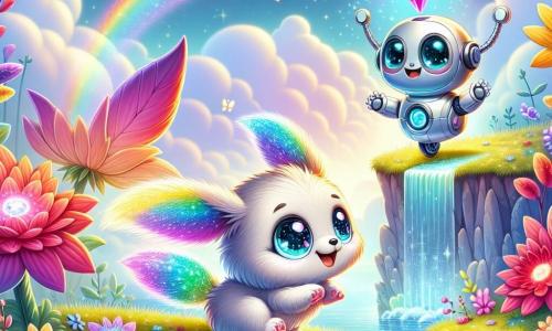 An illustration depicts a small, curious, and joyful being with sparkling large eyes and colorful rainbow fur, bouncing enthusiastically by a sparkling lake. It has long ears fluttering in the wind and a glowing tail lighting its path. Next to it is a friendly little robot with a shiny silver body and bright blue eyes, rolling on its small wheels, displaying an expression of excitement and joy, ready to join in the adventure. The main setting is a floating garden filled with giant brightly colored flowers, shimmering plants, and a crystal-clear waterfall creating rainbows in the air. Soft, fluffy clouds float around, adding a touch of magic to the environment. The main scene shows the two characters discovering a glowing crystal by the lake, surrounded by flowers gently dancing to the wind, as they prepare to solve a puzzle to retrieve it. Other graphical elements include colorful birds flying in the sky, floating light bubbles around them, and sun rays filtering through the leaves of the trees, creating a joyful and enchanted atmosphere.