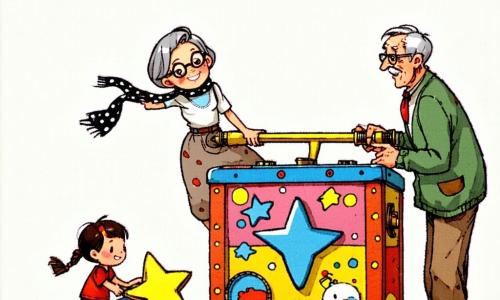 Uma inventora pequena e rechonchuda de cabelo grisalho preso num lenço de bolinhas e óculos redondos que escorregam, sorrindo enquanto gira uma manivela em forma de estrela numa caixa mecânica colorida; um menino de ~8 anos com cabelo castanho curto salta numa pilha de almofadas à esquerda; uma menina de ~6 com cabelos compridos em trança segura um papagaio em forma de borboleta à direita; um homem de cerca de 65 anos, vendedor de mercado com bigode grisalho, faz uma pose de super‑herói atrás das crianças; uma avó de ~75 anos pequena e enrugada ri segurando uma bengala que parece dançar; o gato preto e branco do vizinho enrosca‑se no tornozelo da inventora com olhos semicerrados; cena num jardim de aldeia ao crepúsculo com relva verde, árvore em arco, lanternas coloridas penduradas e uma toalha xadrez com tigelas e bolos; a caixa é de madeira patinada com hélices metálicas, botões coloridos, confetes, bolhas de sabão luminosas e um chapéu a voar; atmosfera alegre, luz dourada do pôr do sol, paleta viva e estilo manga com expressões exageradas e texturas detalhadas.