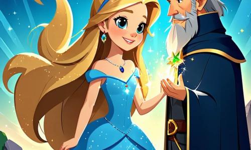 A princesa Luna, uma jovem de longos cabelos dourados e olhos brilhantes de curiosidade, está no centro do palco, seu rosto irradiando uma determinação corajosa. Ela usa um vestido de cetim azul céu adornado com pequenas estrelas cintilantes e segura firmemente seu amuleto em forma de estrela. Ao seu lado, o velho mago Bartholomeu, um homem de cabelos grisalhos e barba espessa, observa atentamente a princesa. Ele está vestido com uma longa robe de veludo roxo, e seus óculos redondos escorregam pelo nariz. Ele segura um velho livro de feitiços, folheando as páginas em busca de pistas. O cenário é um magnífico jardim real, repleto de flores coloridas, grandes árvores com folhas brilhantes e um céu azul radiante. Ao longe, um majestoso castelo se ergue, suas torres brilhando sob o sol. A situação principal mostra a princesa Luna, pronta para partir em uma aventura para encontrar o precioso Espelho das Mil Verdades, enquanto Bartholomeu lhe dá conselhos, cercados pela beleza do jardim encantado.
