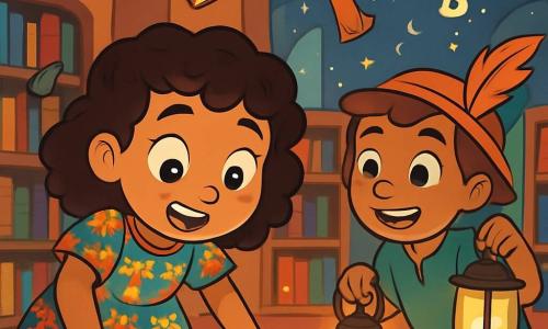 Amina, a ten-year-old girl with curly brown hair, wears a colorful dress adorned with baobab patterns. She has a look of wonder and curiosity, her eyes sparkling as she leans over a shimmering pool of water surrounded by small stars. Next to her, Kofi, a nine-year-old boy with a feathered hat and a bright smile, holds a lantern to light their way. He looks at Amina with admiration, ready to assist her in their quest. Their surroundings are an ancient library with clay walls and shelves filled with colorful books. Large windows let in the soft morning light, while books float around them like birds. The scene depicts Amina and Kofi singing a melody to awaken a sleeping star, surrounded by dancing letters rising to the starry sky.