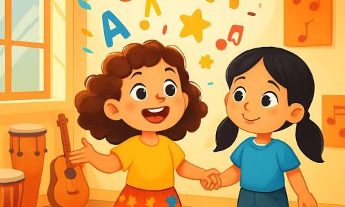 Há 2 personagens principais: - Clara: uma menina de 8 anos, com cabelos cacheados e castanhos, vestindo uma camiseta amarela vibrante e uma saia florida. Ela tem um grande sorriso e olhos brilhantes de curiosidade. Clara está no centro da imagem, com os braços abertos, como se estivesse compartilhando uma ideia brilhante. - Sofia: uma menina de 8 anos, com cabelos lisos e pretos, presos em duas tranças. Ela usa uma camiseta azul e um short de jeans. Sofia está ao lado de Clara, segurando sua mão para apoiá-la, com um olhar encorajador. O cenário principal é uma sala de música iluminada, com grandes janelas deixando entrar a luz do sol. O chão é de madeira clara, e manchas de luz colorida dançam no chão, criando um efeito de vitral. Instrumentos musicais como tambores e guitarras estão pendurados nas paredes, e pôsteres de notas musicais decoram o ambiente. A situação principal da história mostra Clara, cheia de energia, compartilhando sua visão única de letras coloridas com sua turma. Ela está cercada por cores vivas e formas flutuantes que representam as palavras que descreve, como flores e estrelas, enquanto Sofia a encoraja com um sorriso caloroso.