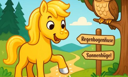 Finni, ein kleines Pferd mit goldenem Fell und glänzender Mähne, steht auf einem sonnigen Weg, seine Augen funkeln vor Neugier und Aufregung. Er betrachtet fasziniert einen seiner Hufe, der silbern schimmert. In der Nähe sitzt Eldara, die weise Eule mit braunen und weißen Federn, auf einem Ast und beobachtet Finni mit einem wohlwollenden und weisen Blick, bereit, ihm Ratschläge für sein Abenteuer zu geben. Die Szenerie zeigt eine wunderschöne grüne Wiese, übersät mit bunten Blumen und umgeben von einem geheimnisvollen Wald mit majestätischen Bäumen. Der Himmel ist strahlend blau, mit flauschigen weißen Wolken. Finni steht vor der Wahl zwischen drei bezaubernden Wegen: der erste führt zum geheimnisvollen Zauberwald, der zweite zum funkelnden Regenbogenfluss und der dritte zum hohen Sonnenhügel, jeder verspricht ein unglaubliches Abenteuer.