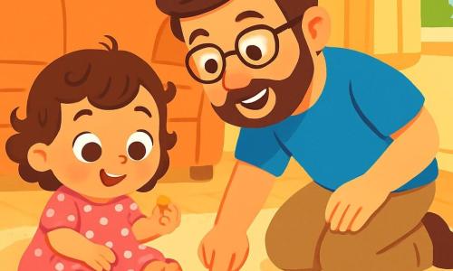 Una niña de 2 años, con grandes ojos brillantes y cabello rizado, está sentada en el suelo, mirando con curiosidad una migaja de galleta. Lleva un vestido rosa con lunares blancos y una sonrisa maravillada en su rostro. A su lado, su papá, un hombre de unos treinta años con barba suave y gafas, se inclina para examinar las huellas de pequeñas patas en el suelo. Lleva una camiseta azul y pantalones beiges, y sonríe al mirar a su hija. La escena transcurre en una sala acogedora, con un sofá suave, juguetes esparcidos por la alfombra y rayos de sol filtrándose a través de las cortinas. Las paredes están pintadas de amarillo pastel, creando un ambiente alegre y acogedor. La situación principal muestra a la niña y su papá en plena investigación, buscando pistas para encontrar la galleta desaparecida, rodeados de migajas y juguetes coloridos. La expresión de la niña es de determinación y alegría, mientras su papá la anima con una mirada cómplice.