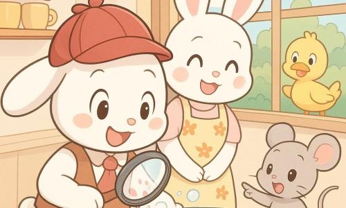 El personaje principal es un pequeño conejo blanco antropomorfo, curioso y alegre, con un sombrerito rojo de detective y una lupa, inclinando la cabeza y sonriendo mientras sostiene un vaso con manchas rosas de jugo sobre el fregadero; la mamá coneja, dulce y sonriente, lleva un delantal de flores y está detrás de la mesa azul con mirada benevolente; la ratoncita gris, viva y atenta, está junto a la ventana señalando una pequeña mancha rosa en el mantel; el pato amarillo, divertido y sorprendido, está en el jardín visible por la ventana mirando hacia la cocina; el hermano conejo, más pequeño y juguetón, ríe y aplaude junto a la mesa; la cocina es cálida y luminosa con mesa redonda y mantel azul, fregadero de cerámica blanca, burbujas de jabón, luz solar y estantes de madera con tazas de colores. La escena principal muestra al pequeño detective que acaba de encontrar su vaso pegajoso sobre el fregadero y lo lava suavemente con una esponja espumosa, rodeado de amigos curiosos y sonrientes. Estilo manga, líneas redondeadas y colores pastel, expresiones exageradas y siluetas simples para niños de 4 años.