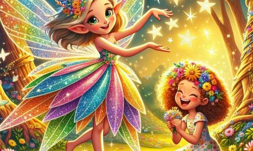 Una hada chispeante llamada Fina, con alas brillantes de colores del arcoíris, está en el centro de la imagen, sonriendo ampliamente y con ojos llenos de alegría. Está rodeada de pequeñas estrellas brillantes que bailan a su alrededor, mientras extiende la mano para liberar una estrella de papel que vuela hacia el cielo. A su lado, Lía, una niña de 8 años con cabello rizado y dorado, lleva un vestido colorido adornado con flores. Está de rodillas, riendo a carcajadas, con las manos llenas de flores de todos los colores que acaba de recoger. Lía mira a Fina con admiración, lista para ayudarla en su aventura. El escenario es un claro de bosque mágico, lleno de árboles con troncos retorcidos y hojas brillantes, donde flores de colores vivos florecen. Rayos de sol se filtran a través de las ramas, iluminando la escena con una suave luz dorada. La situación principal muestra a Fina, el hada, saliendo de una delicada telaraña brillante, mientras Lía, llena de entusiasmo, la anima y ríe, creando una atmósfera de camaradería y aventura.