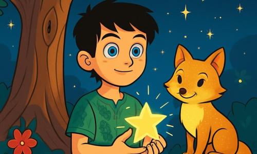 Elian, un ragazzo di dodici anni con occhi azzurri e capelli neri, si trova al centro della scena, con un'espressione di meraviglia e determinazione. Indossa una tunica verde smeraldo decorata con motivi floreali e tiene un'astro brillante tra le mani, pronto a liberarlo nel cielo. Accanto a lui, la volpe dorata, una creatura magica con pelo scintillante e occhi furbi, lo osserva sorridendo, come se condividesse un segreto. Sullo sfondo, un maestoso albero con radici imponenti e rami che si estendono verso il cielo, costellato di stelle scintillanti. Fiori colorati e lucciole danzano intorno, creando un'atmosfera incantevole. La scena rappresenta Elian pronto a liberare l'astro, simbolo di speranza e magia, mentre la volpe lo incoraggia silenziosamente, simboleggiando l'unione tra l'uomo e la magia della natura.