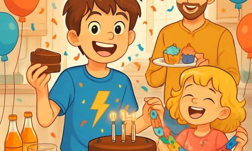 A 12-year-old boy with tousled brown hair and sparkling eyes stands at the center of the scene, a big smile illuminating his face. He wears a blue T-shirt with a yellow lightning bolt and jeans. He is surrounded by colorful balloons and birthday decorations, holding a piece of chocolate cake in one hand. Next to him, his 6-year-old sister with curly blonde hair laughs heartily, her eyes shining with mischief. She is dressed in a pink dress with flower patterns, holding a colorful paper garland. Their father, a man in his thirties with light stubble and a warm smile, stands in the background holding a plate of decorated cupcakes. He looks at his children with pride and amusement. The scene takes place in a bright and welcoming kitchen adorned with paper garlands and floating balloons. A large table is set with appetizing dishes, sparkling drinks, and a majestic birthday cake decorated with sparkling candles. The boy, with an excited expression, has just blown out his candles, while colorful confetti falls around him, creating a festive and joyful atmosphere.