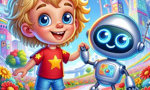 Een 4-jarig jongetje genaamd Finn, met rommelig blond haar en grote glanzende ogen, glimlacht vrolijk terwijl hij de hand vasthoudt van een vriendelijke robot. Finn draagt een rode t-shirt met sterren en een blauwe short. Naast hem staat robot Bobbie, met een glad en zilver oppervlak, die met zijn heldere ogen en beweegbare armen glimlacht terwijl hij een groot bord omhooghoudt met de tekst "Welkom in Glimstad!". De achtergrond is een futuristische stad met kleurrijke gebouwen die dansen in de zon, reusachtige bloemen die zachtjes wiegen en vliegende auto's die boven hen voorbijgaan. De scène speelt zich af in een heldere park vol met het gelach van kinderen en robots, waar de muren vrolijke liedjes fluisteren. Finn en Bobbie tekenen samen op een kleurrijke vloer, omringd door bloemen die lijken te luisteren naar hun gesprek. De sfeer is vol magie en geluk, wat een dag van leren en spelen in deze wonderlijke stad illustreert.