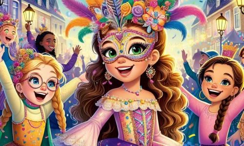 In het midden van de afbeelding danst Lila, een negenjarig meisje met lange krullende haren en sprankelende groene ogen, vrolijk terwijl ze een prachtig kleurrijk masker met veren en glitter draagt. Rechts van haar is Sophie, een andere negenjarige met gevlochten blond haar en een stralende glimlach, die vol energie haar armen in de lucht steekt. Links staat Mia, een negenjarig meisje met kastanjebruin haar en ronde bril, die lacht terwijl ze probeert het ritme van de dans te volgen. Op de achtergrond is het dorp Zonnedorp levendig, met straten versierd met kleurrijke slingers, fonkelende lantaarns en confetti die door de lucht zweven. Kinderen en volwassenen in feestelijke kostuums dansen en hebben plezier, wat een vrolijke en levendige sfeer creëert. De hoofdscène toont Lila en haar vriendinnen die samen dansen, betoverd door de magie van het carnaval, terwijl een zachte melodie om hen heen lijkt te zweven, wat de "Reizende Klank" symboliseert die hen inspireert om vriendschap en vreugde te vieren.