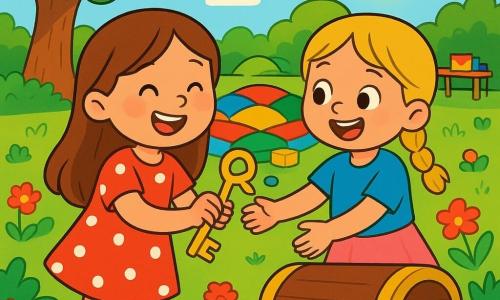 Er zijn 2 hoofdpersonages: - Lina: een 4-jarig meisje met lange bruine haren, in een rode jurk met witte stippen. Ze houdt een gouden sleutel in haar hand en heeft een grote glimlach op haar gezicht. - Mila: een 4-jarig meisje met blonde vlechten, gekleed in een blauwe t-shirt en een roze rok. Ze kijkt naar Lina met sprankelende ogen van opwinding, klaar om haar te helpen de schatkist te openen. De situatie speelt zich af in een zonnige tuin, vol kleurrijke bloemen en weelderig groen. In het midden staat een fort van kleurrijke kussens, met speelgoed eromheen. Op de achtergrond staat een grote boom met uitgespreide takken en een picknicktafel met een speelgoeddoos. De hoofdactie van het verhaal toont Lina en Mila, hand in hand, op zoek naar de gouden sleutel die de schatkist opent. Ze zijn omringd door gelach en kleuren, met zonnestralen die hun avontuur verlichten.