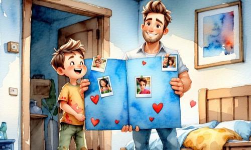 Un ragazzo di 8 anni, gioioso e orgoglioso, capelli castano chiaro spettinati, dita con macchie di colla e occhi ridanciani, tiene davanti a sé un grande cartoncino blu decorato con foto e piccoli cuori rossi; un uomo adulto (padre, circa 35–40 anni), volto rotondo e sorridente, barba leggera, emozionato e sorpreso, con le mani aperte per ricevere il regalo, in piedi a pochi passi; sullo sfondo la camera e l’ingresso della casa con pavimento in legno chiaro, tappeto colorato, scaffali con giocattoli e una finestra che lascia entrare una luce mattutina soffusa; situazione intima e calorosa, gesti ed espressioni nitidi.