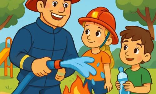 Un pompiere alto e muscoloso, con capelli castani e occhi pieni di determinazione, indossa una tuta blu scuro e un casco rosso brillante. Sorride con orgoglio mentre tiene un grande tubo d'acqua, pronto a spegnere un piccolo incendio. Accanto a lui, una ragazza di 8 anni, Chiara, con capelli biondi intrecciati e occhi curiosi, indossa un piccolo casco rosso e guarda con ammirazione il suo eroe. Un ragazzo di 9 anni, Tommaso, con capelli castani e occhi brillanti, tiene una bottiglia d'acqua, pronto ad aiutare. La scena si svolge in un parco soleggiato, con alberi verdi e un cielo azzurro. Al centro, un piccolo fuoco crepita in un bidone colorato, circondato da giocattoli e risate di bambini. La situazione mostra il pompiere e i bambini in azione, pronti a spegnere il fuoco con entusiasmo e coraggio, illustrando lo spirito di squadra e di aiuto reciproco.