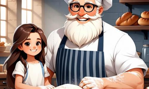 Un uomo, Giovanni, è al centro dell'immagine, con una lunga barba bianca e occhiali rotondi. Indossa un bel grembiule a righe e un cappello da chef, sorridendo gioiosamente, circondato da farina. Giovanni sta impastando della pasta per pane, con le mani piene di farina, mostrando il suo amore per la panificazione. Accanto a lui, una ragazza di 8 anni, Lucia, ha lunghi capelli castani e indossa una maglietta colorata. Sta modellando un piccolo pane a forma di pesce, con gli occhi brillanti di eccitazione. Un ragazzo di 7 anni, Marco, con capelli biondi arruffati, è appena dietro, ridendo mentre cerca di creare un pane a forma di cane, con farina sul viso. La scena si svolge in una deliziosa panetteria, "Il Forno Felice", con muri di mattoni rossi e scaffali pieni di pani dorati e dolci. Raggi di sole filtrano attraverso la finestra, illuminando la stanza con una luce calda. La situazione principale mostra Giovanni e i bambini che preparano insieme pani dalle forme divertenti, pieni di gioia e risate, creando un'atmosfera magica e accogliente.