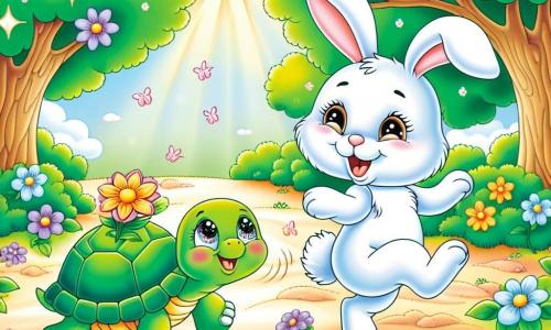 Na słonecznej polanie małego, kolorowego lasu, uroczy króliczek o imieniu Kicek, z miękkim, białym futerkiem i dużymi, wyprostowanymi uszami, radośnie skacze, pokazując szeroki uśmiech szczęścia. Obok niego powoli idzie mądra żółwica o imieniu Turtu, z zieloną skorupą i błyszczącymi, życzliwymi oczami, z spokojnym uśmiechem na twarzy, podziwiając kwiaty wokół nich. Polana otoczona jest drzewami o jaskrawozielonych liściach, przetykanymi kolorowymi kwiatami, a słońce świeci przez gałęzie, tworząc tańczące cienie na ziemi. Kicek i Turtu bawią się razem, królik skacząc wokół żółwia, podczas gdy ten pokazuje mu piękny kwiat, który znalazł, ilustrując ich piękną przyjaźń i różnice.