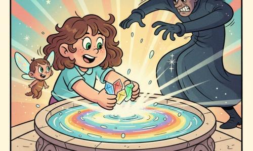 An 8-year-old girl named Lily with a round face, freckles, shoulder-length curly brown hair and bright green eyes, determined and awed, holds three glowing blue, red and green crystals as she places them in the "Flowing Fountain of Time" — a carved stone circular basin with rainbow-ribboned swirling water and floating sparkling droplets; a tiny pixie named Tiko (hand-sized) with iridescent wings and a mischievous smile hovers at Lily's left shoulder; a shadowy adult time thief in a long coat, face partially shaded and furious, recoils at rising beams of light in the background right; warm colorful lighting, sparkling particles, sharp contrasts and elastic contours in a rubber-hose style, saturated pastel palette (turquoise, salmon-pink, gold), smooth textures and soft shadows, medium close-up centered on Lily with Tiko left, thief right, fountain center-rear.