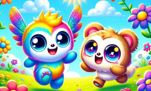 Una piccola creatura colorata, con ali brillanti di blu, rosa e giallo, vola gioiosamente in un campo di fiori vivaci, mostrando un grande sorriso di felicità. Accanto a lei, un adorabile animale rotondo e peloso, con grandi occhi luminosi e un pelo morbido, salta con entusiasmo tra i fiori, irradiando gioia e amicizia. Il luogo è un campo soleggiato, pieno di fiori multicolori che danzano al vento, con un cielo blu chiaro punteggiato di nuvole bianche e soffici. La scena principale mostra i due amici che giocano insieme, ridendo e divertendosi a rincorrersi, creando un momento magico di amicizia e felicità sotto il sole splendente.