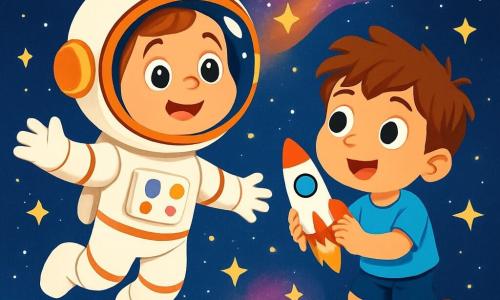 Una mujer astronauta sonriente, con un casco brillante y un traje espacial blanco, flota alegremente en el espacio. Sus ojos brillan de asombro mientras observa las estrellas centelleantes a su alrededor. Junto a ella, un niño de 7 años, curioso y entusiasta, con cabello castaño despeinado y una camiseta azul, la observa con ojos muy abiertos. Está suspendido en el espacio, sosteniendo un pequeño modelo de cohete en sus manos, admirando la belleza del cosmos. El fondo de la ilustración muestra un vasto cielo estrellado, lleno de miles de estrellas brillantes y planetas coloridos, con la Tierra azul y verde visible a lo lejos. La situación principal muestra al astronauta y al niño compartiendo un momento mágico, maravillados por la esplendor del universo, rodeados de constelaciones centelleantes y nebulosas coloridas.
