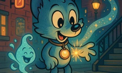 Um pequeno lobo antropomórfico de pé sobre duas patas, lobinho de pelagem cinza com reflexos azulados, grandes olhos curiosos, usando uma pequena coleira de couro e um pingente circular de vidro luminoso sobre o peito que aquece enquanto ele estende a pata para tocá‑lo; do bueiro surge uma gota de água risonha na forma de um espírito d’água translúcido que dança em espiral à esquerda, e da escada do metrô à direita vem um sopro de vento estrelado — um rubi‑fita transparente salpicado de miniestrelas douradas — que acaricia a pelagem; ao fundo telhados e letreiros neon de uma cidade à noite (fachadas de tijolo vermelho, postes amarelos, cartazes antigos, janelas iluminadas), cena mágica e acolhedora em que o pingente brilha e três trilhas sonoras (o bueiro risonho, o sopro estrelado do metrô, os letreiros piscantes) convergem em volta do lobo, composição central, paleta pastel e neon, traços curvos e cheios, sombras suaves.