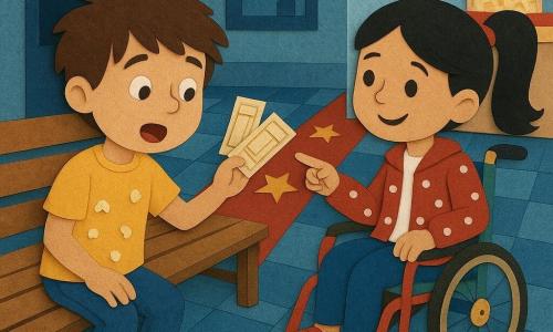 Dois personagens: garoto de 9 anos Tomás, cabelo castanho despenteado, camiseta amarela com manchas, calça azul, ajoelhado à esquerda segurando dois bilhetes de cinema dobrados e olhando surpreso para um banco de madeira gasto com uma fenda entre assento e encosto; menina de 9 anos Bia, cabelo preto preso em rabo, jaqueta vermelha com bolinhas brancas, sentada em uma pequena cadeira de rodas colorida à direita e apontando para o banco com um sorriso calmo; local: corredor de cinema com azulejos azulados, luz suave e balcão de bilheteria ao fundo; situação: Tomás acabou de encontrar os dois bilhetes escondidos na fenda do banco, atmosfera de descoberta alegre.