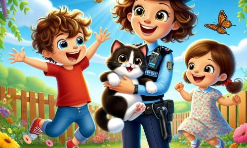A smiling police officer, Officer Lily, is a woman with curly brown hair wearing a bright blue uniform with a shiny badge. She has sparkling eyes filled with joy and is holding a black and white cat, Mr. Whiskers, in her arms, showing an expression of pride and happiness. Next to her is a 7-year-old boy, Timmy, with messy blonde hair and a red T-shirt, jumping for joy with his arms raised, while his 5-year-old sister, Lucy, with brown braids and a floral dress, smiles while holding a small cat-shaped toy. The scene takes place in a sunny garden filled with colorful flowers and fluttering butterflies, with a wooden fence behind them. Officer Lily and the children are surrounded by greenery, and the sky is a bright blue with a few fluffy white clouds. The main situation shows Officer Lily having just found the lost Mr. Whiskers, and the children express their joy and relief, creating an atmosphere of happiness and adventure.