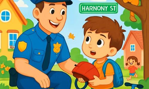 A male police officer named Officer Sam stands with a warm smile on his face. He wears a bright blue uniform, a police hat, and a shiny badge on his chest. His eyes sparkle with kindness and determination. Next to him is an 8-year-old boy, Timmy, with brown hair and curious eyes, looking up at Officer Sam with admiration. Timmy has a blue backpack and holds a red helmet in his hands. The scene takes place on Harmony Street, a sunny street lined with colorful houses and flowering gardens. Birds sing in the trees, and children play joyfully in the background. The main situation shows Officer Sam and Timmy working together to solve the mystery of a missing scooter. Officer Sam crouches down to listen attentively as Timmy explains what happened, while a curious kitten watches them from a nearby tree.