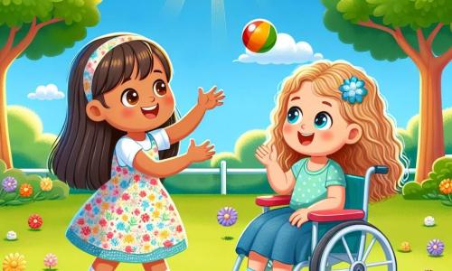 In un parco soleggiato, due amiche stanno giocando. **Mia**, una ragazza di 7 anni con lunghi capelli castani e occhi scintillanti, sorride lanciando una piccola palla rossa. Indossa un vestito colorato con motivi floreali e si trova a sinistra dell'immagine. Alla sua destra, **Sara**, una ragazza di 6 anni con capelli biondi e ricci, è seduta in una bella sedia a rotelle. Ride mentre lancia una palla blu, i suoi occhi brillano di felicità. Il parco è pieno di verde, con grandi alberi dalle foglie verdi e fiori multicolori che danzano al vento. Un cielo blu chiaro si estende sopra di loro, punteggiato da alcune nuvole bianche e soffici. La scena mostra le due amiche che si divertono insieme, lanciando le loro palle colorate e ridendo, illustrando la gioia dell'amicizia e il piacere di giocare insieme, nonostante le differenze.
