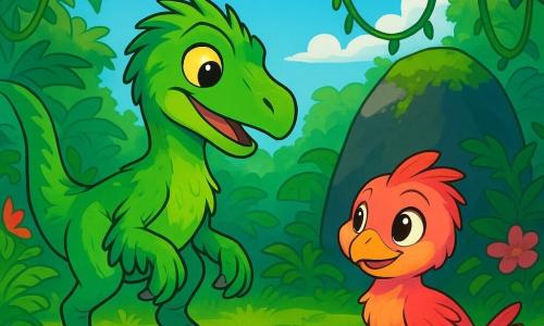 Een vélociraptor met stralend groene veren en sprankelende ogen vol hoop staat in het midden van de scène, met zijn gewonde poot lichtjes geheven, en toont een uitdrukking van vastberadenheid gemengd met nieuwsgierigheid. Naast hem staat een kleine dino, een zwierscout genaamd Zeer, met glanzende veren en een warme blik, die Rakk aandachtig observeert, klaar om te helpen. De achtergrond is een weelderige jungle, vol grote varens, hangende lianen en kleurrijke bloemen die bloeien onder een blauwe lucht met pluizige wolken. Op de achtergrond schittert een grote zwarte steen, de spiegel van de jungle, in de zon, omringd door een tapijt van stralend groene mos. De scène toont Rakk en Zeer voor de spiegel, terwijl Rakk, met een mengeling van bezorgdheid en hoop, zich voorbereidt om het zachte genezende mos aan te raken, terwijl Zeer hem aanmoedigt met een troostende glimlach.