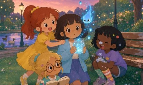Four 10-year-old girls at Maplewhirl Park at twilight: Mina, brown bob, shy eyes, wearing a light blue cardigan, holds a small shiny glass jar at the center with a determined but gentle look; Zara, red-haired in a ponytail, smiling in a bright yellow dress, stands left giving Mina a friendly nudge; Pip, short black hair, mismatched socks, laughing with bubble foam on her nose, crouches right near a worn wooden bench; Lulu, tied blond hair and round glasses, sits on the grass in front with a slightly muddy skirt, holding an open notebook. A small blue glowing creature shaped like a tiny comet with mischievous eyes floats just above the open jar, leaving lantern-shaped sparks. The park shows soft green lawn, round luminous leaves, early golden lampposts, drifting filament lanterns, a peach-and-violet sky and distant ducks; the scene is a calm, joyful dusk celebration with pastel colors contrasted by the star’s bright blue light, composition centered on Mina and the jar.