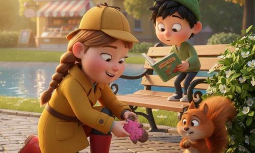 A young girl detective, about nine, with a round face and light brown braided hair, smiling and focused in a beige detective hat, mustard-yellow coat and red boots, kneels to pick up a muddy pink mitten near a pond; a small red squirrel with mischievous eyes holds a hazelnut by a bush and looks sheepish from the right, while a seven-year-old boy with messy black hair in a green beanie holds a bird book on a bench behind, watching curiously; the sunny village park morning shows a wet cobbled path, green bushes with tiny white flowers, a gleaming pond and a distant yellow-brick bakery, sugar crumbs lead from the bench to the bush, and the scene is warm, cozy and brightly lit with soft textures and golden morning light.