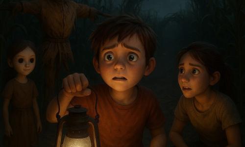Milo, a 12-year-old boy with a round face, tousled brown hair and wide wet eyes, terrified but determined, holds an old metal lantern casting a pale silver glow and clutches a smooth stone; Tessa, about 12, brown hair in a ponytail, face dirty but alive, crouches by a dirt path looking at Milo with relief and fear, a blue bandana tied around her wrist; a fake Tessa with the same features but a frozen smile and unblinking eyes stands slightly back like a doll, lantern light revealing waxy pallor; a tall, lopsided scarecrow made of straw with a burlap sack head, no drawn face, hat and arms lashed to a wooden cross, slides forward dragging roots and straw; the setting is a maze of tall, tight corn rows with dark green stalks and serrated leaves, dusty earth, shadowed clearings and a twisted arch of brambles and dry pods in the background; main situation: Milo and Tessa move toward the threatening bramble arch lit by the lantern while the fake Tessa and scarecrow encircle them, tense ominous atmosphere, strong contrast between silver light and deep shadows, dead leaves and straw drifting in the air; visual style: soft colorful 3D animation look with realistic textures of burlap, straw, lantern leather and muddy surfaces, cinematic high-contrast lighting, composition centered on Milo holding the lantern.