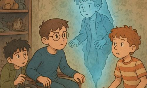 There are four children: Lucas, about 12, short brown hair, round glasses, seated in a wooden-and-metal wheelchair at center left, leaning forward with a brave look lit by a blue glow; Felix, about 11, curly red hair, striped tee, standing to Lucas’s right on tiptoe holding a small flashlight that illuminates dust motes and points at the wall, worried but curious; Sam, about 11, messy black hair, green jacket, hands trembling, crouched rear left by a sagging shelf, staring at the crack in astonishment; and Eliot, a ghostly boy of about 10 with disheveled hair, a bluish semi-transparent body wearing an old jacket, floating just inside a pale blue fissure with hands reaching out and a gentle, sad expression. They stand in an old bedroom-turned-hallway with torn floral wallpaper, creaky wood floors, crooked shelves of lost objects (teddy, shoes, broken clocks) and a vertical shimmering pale-blue crack from floor to ceiling emitting a soft cold light; the scene is mysterious and slightly scary yet warm because of the children’s compassionate expressions.