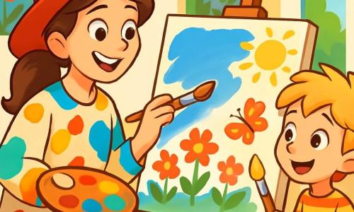 An artist woman, Miss Lily, wearing a large red hat and a colorful blouse, is joyfully painting a blue sky on a white canvas. Her eyes shine with excitement, and her brown hair is tied in a ponytail. Next to her, a 7-year-old boy, Timmy, with messy blonde hair and a striped t-shirt, holds a brush and looks in wonder at the canvas, ready to paint a yellow sun. The scene takes place in a bright studio filled with vibrant paint pots, large brushes, and white canvases. The walls are decorated with colorful paintings, and sunlight streams in through a large window, illuminating the space. Miss Lily and Timmy are creating an artwork together, filled with colorful flowers and butterflies, expressing their joy and creativity.