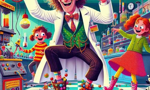 A man, Professor Barnaby Bumble, is at the center of the image. He has curly, messy hair, sliding glasses on his nose, and a big joyful smile lighting up his face. He wears a lab coat covered in colorful stains and holds a quirky sandwich that just came out of his machine. Next to him is an 8-year-old girl, Mia, with red pigtails, looking at the professor in wonder, her eyes sparkling with curiosity. A 9-year-old boy, Jamie, with a skateboard under his arm, laughs as he tries not to fall on a pile of marbles on the floor. Finally, a 6-year-old girl, Zoe, in polka-dot boots, is about to jump with newly invented jumping boots. The setting is a colorful workshop filled with strange gadgets, plans hanging on the walls, and scattered boxes of materials on the floor. Rays of light filter through a window, giving the scene a joyful and creative atmosphere. The main situation shows Professor Barnaby testing his sandwich machine while the children watch him excitedly, ready to invent amazing things together.