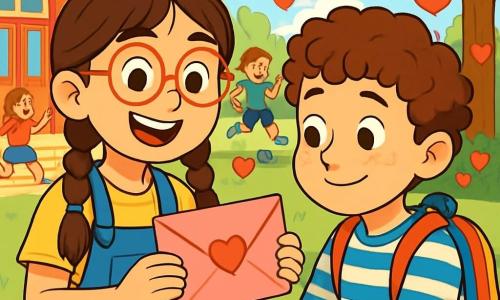 A 10-year-old girl, Maya, with brown braided hair and round glasses, smiles joyfully while holding a pink envelope. Her eyes sparkle with excitement and kindness. Next to her, a 10-year-old boy, Sammy, with curly hair and a striped shirt, looks at the envelope with a shy smile, sitting on the green grass. He carries a colorful backpack and seems happy to be included in the group. In the background, a lively schoolyard is decorated with red balloons and paper hearts hanging from the trees, where other children are playing and laughing. The scene shows Maya and Sammy exchanging valentines, surrounded by classmates, in a festive and warm atmosphere, full of bright colors and joy.