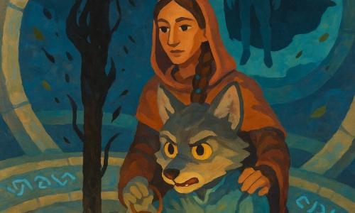 The main character is a young anthropomorphic wolf (an apprentice engineer) with an expressive face and bright amber eyes, ashy gray fur, tense but determined posture; he holds a small handmade copper-and-glass prism lantern and turns a copper-wire ring in a split column. Sister-Protocol Nema, a human ritual-keeper in a robe with braided hair threaded with glowing beads, looks firm but kind and stands just behind him with a hand on his shoulder. Captain Vela, an imposing humanoid with a large flowing cloak and a glowing antenna-staff, watches from a few paces upraised, serious and focused, casting a bluish halo. In the background a voice-echo is trapped in a small luminous prism beside the column, a soft pale glow representing Auric, calm and relieved. The setting is the interior of a ruined space ring: a circular stone-and-metal floor, floating debris like leaves, silver-blue runes along the edges, and dark particle curtains (black ink specks) leaking from the central fissure. The scene shows the young wolf inserting a counter-flow ring into the cracked column as the dark magic withdraws in thin spirals; tension dissipates, with contrasting lighting (cold breach shadows and warm prism glows), composition centered on sealing the rift.