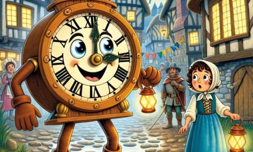 Tick Tock, a wooden clock with shiny brass hands and a smiling face, stands in the center of a muddy medieval village. Its eyes sparkle with excitement and curiosity as it looks around, ready to solve the mystery of the missing crown. To its right, a young villager with curly hair and a blue linen dress, wearing a worried expression, holds a lantern illuminating her path while searching for clues. A knight in shining armor, with a determined look and a sword at his belt, stands nearby, watching the scene vigilantly, ready to defend the village. The lively medieval village features stone cottages with thatched roofs, smoking chimneys, and colorful flags fluttering in the wind. Wet cobblestones shine under the moonlight, while lanterns twinkle in the night. With a heart full of adventure, Tick Tock prepares to explore the mysterious paths ahead, determined to find the crown and protect history.
