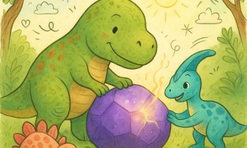 Grote, ronde Tyrannosaurus Rex met groen, licht geschubd vel en oranje vlekken toont een zachte, vastberaden blik en duwt met zijn poten een grote glanzende paarse steen; Plume, een kleine levendige Parasaurolophus met lange turquoise kam en blauwe vlekken, glimlacht hoopvol en helpt de steen iets rechts van de T. rex te duwen; een verlegen jonge stegosauri met roze platen staat op de achtergrond links, ogen vol vreugde terwijl hij ziet hoe de bladeren weer groen worden; de open plek heeft nat gras en kleine fonkelende edelsteentjes paars, blauw en groen, met enkele knoestige boomstammen en glanzende bladeren als kader; een lichte rookkolom ontsnapt uit een scheur onder de steen, gouden stralen doorboren de klare lucht en verlichten dauwdruppels die als parels glanzen; kleurrijke compositie, zachte contrasten, ronde lijnen en warme gezichten, magische geruststellende sfeer voor kinderen.